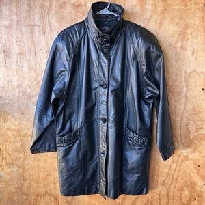 Pelle Vintage Black Leather Longline Button Down Jacket Coat